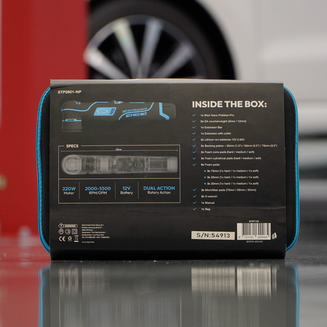 Achterkant verpakking Stipt Nano Polisher Pro met specificaties